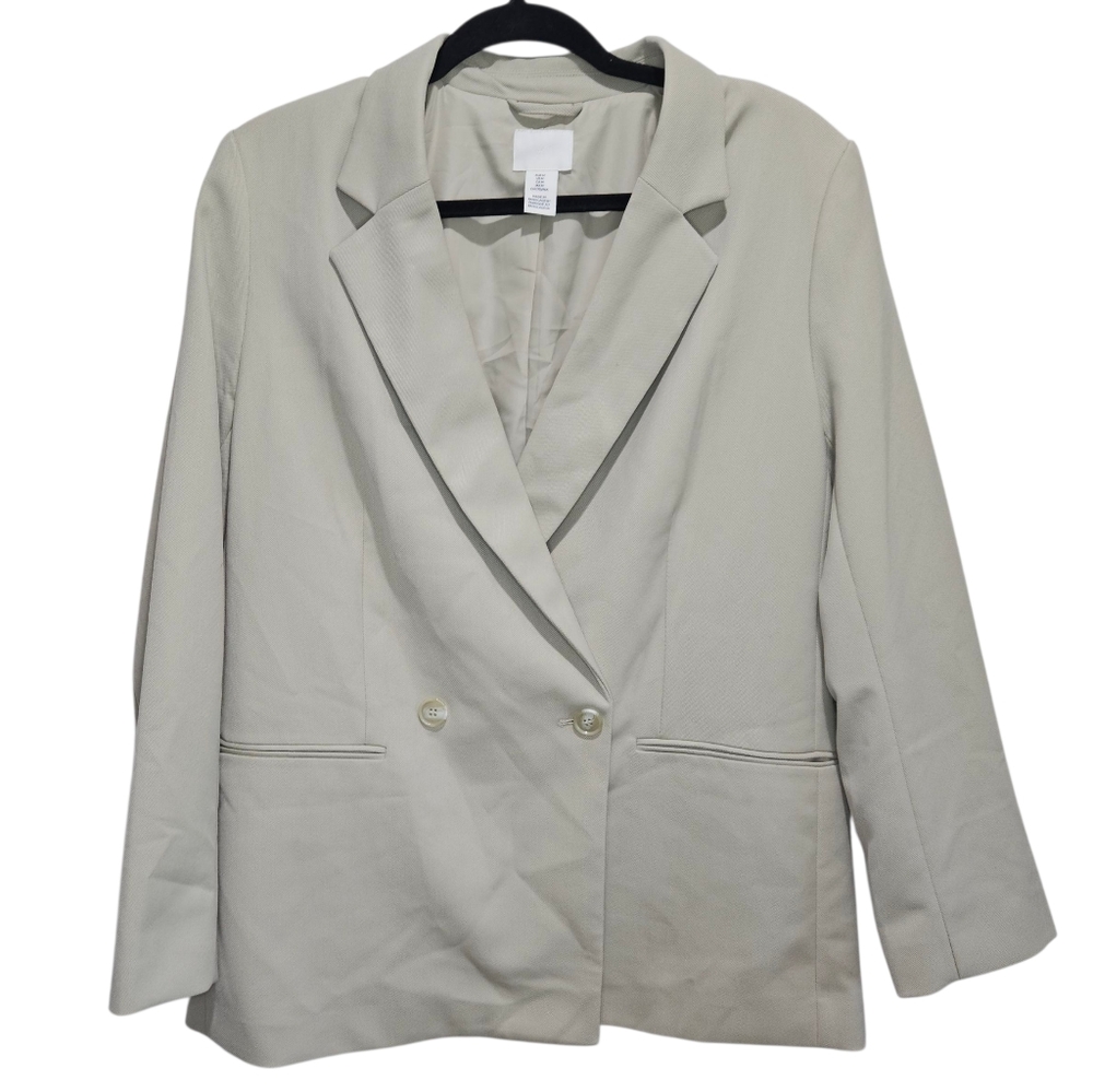 H&M Blazer Women's Size Medium Beige Green Double Breasted Suit Jacket
